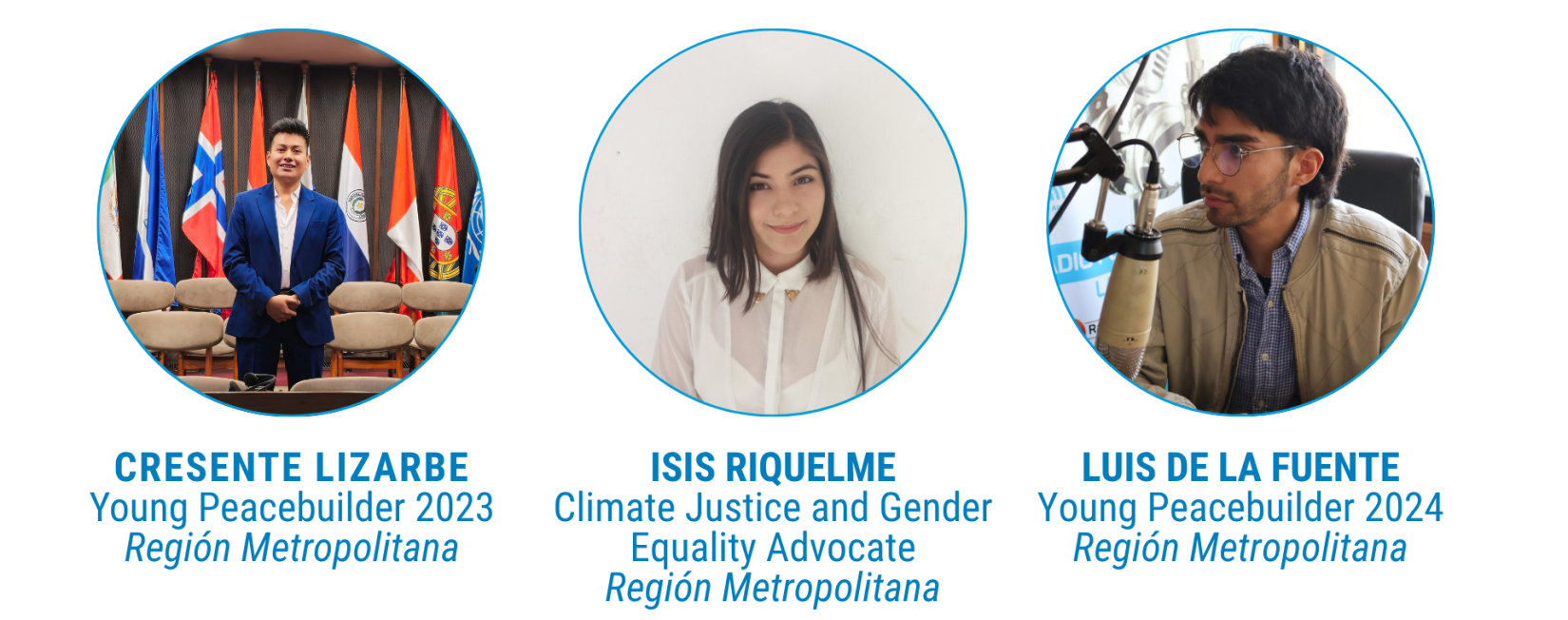 Fotografía grupal de tres jóvenes integrantes del Grupo de Referencia de Jóvenes ONU Chile 2025–2026. De izquierda a derecha: Cresente Lizarbe, reconocido como "Young Peacebuilder 2023", de la Región Metropolitana; Isis Riquelme, defensora de la justicia climática y la igualdad de género, también de la Región Metropolitana; y Luis de la Fuente, "Young Peacebuilder 2024", igualmente de la Región Metropolitana. Están de pie, posando frente a un fondo neutro, y visten ropa formal-casual.