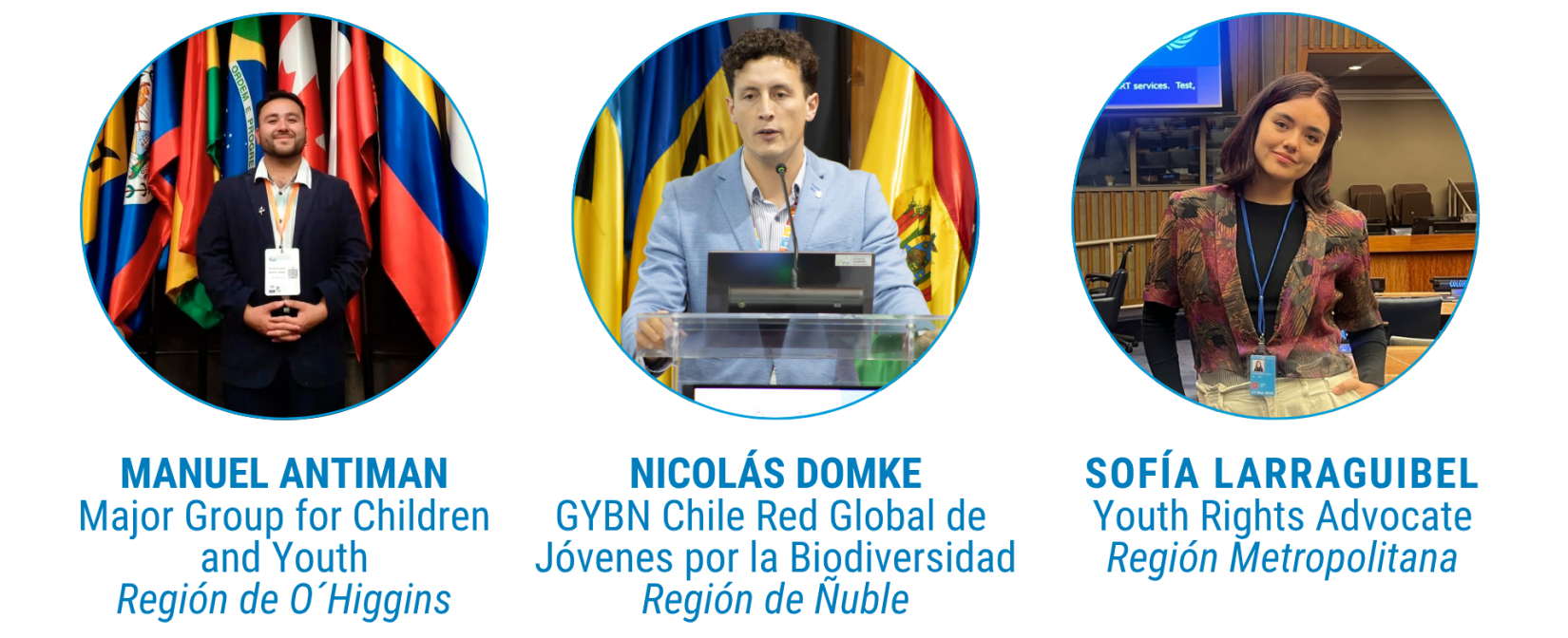Fotografía grupal de tres jóvenes integrantes del Grupo de Referencia de Jóvenes ONU Chile 2025–2026. De izquierda a derecha: Manuel Antiman, representante del Major Group for Children and Youth, de la Región de O’Higgins; Nicolás Domke, miembro de GYBN Chile, la Red Global de Jóvenes por la Biodiversidad, de la Región de Ñuble; y Sofía Larraguibel, defensora de los derechos de la juventud, de la Región Metropolitana. Están de pie, posando frente a un fondo neutro, y visten ropa formal-casual.