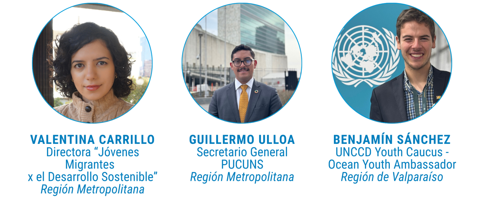 Fotografía grupal de tres jóvenes integrantes del Grupo de Referencia de Jóvenes ONU Chile 2025–2026. De izquierda a derecha: Valentina Carrillo, directora de "Jóvenes Migrantes por el Desarrollo Sostenible", de la Región Metropolitana; Guillermo Ulloa, secretario general de PUCUNS, también de la Región Metropolitana; y Benjamín Sánchez, representante del UNCCD Youth Caucus y embajador juvenil por los océanos, de la Región de Valparaíso. Están de pie, posando frente a un fondo neutro, y visten ropa formal.