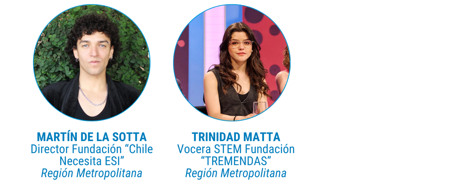Fotografía grupal de dos jóvenes integrantes del Grupo de Referencia de Jóvenes ONU Chile 2025–2026. De izquierda a derecha: Martín de la Sotta, director de la Fundación "Chile Necesita ESI", de la Región Metropolitana; y Trinidad Matta, vocera STEM de la Fundación "TREMENDAS", también de la Región Metropolitana. Están de pie, posando frente a un fondo neutro, y visten ropa formal-casual.