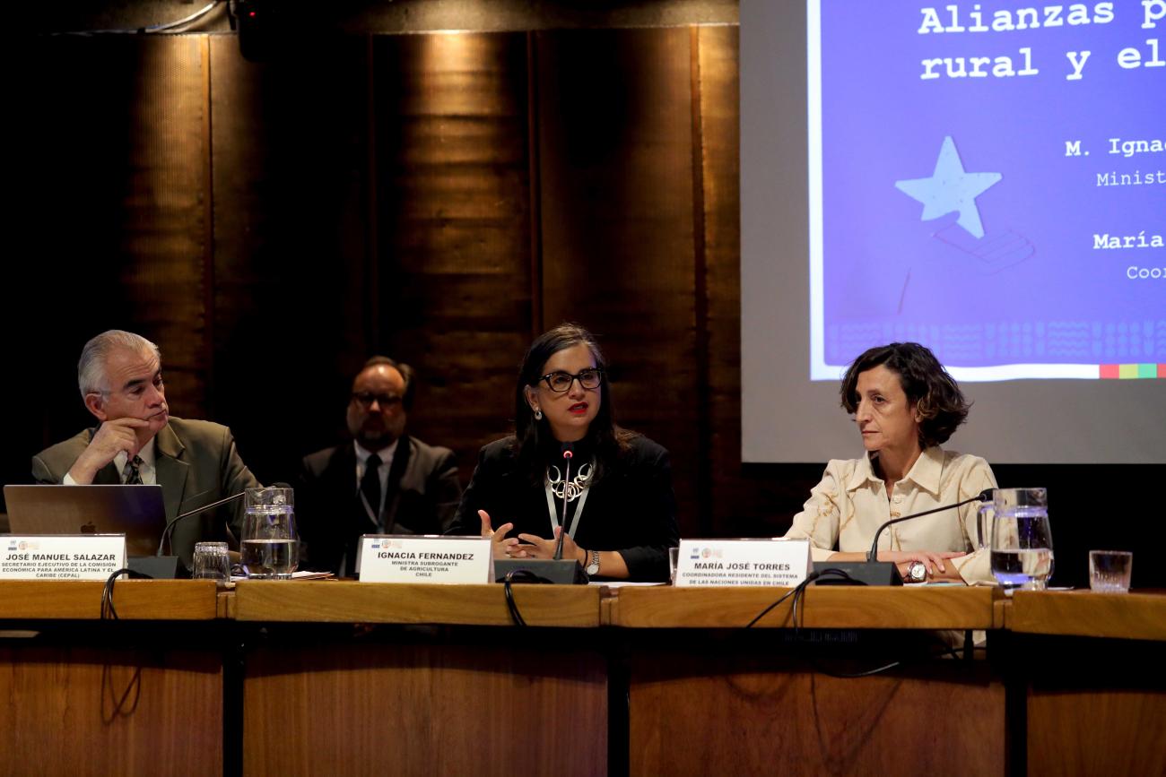 Ministra de Agricultura presentando junto a la Coordinadora Residente el proyecto en la sala de la CEPAL