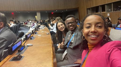 Antonia Mella junto a delegados representantes de otros países sentados en un plenario de la Sede de Naciones Unidas